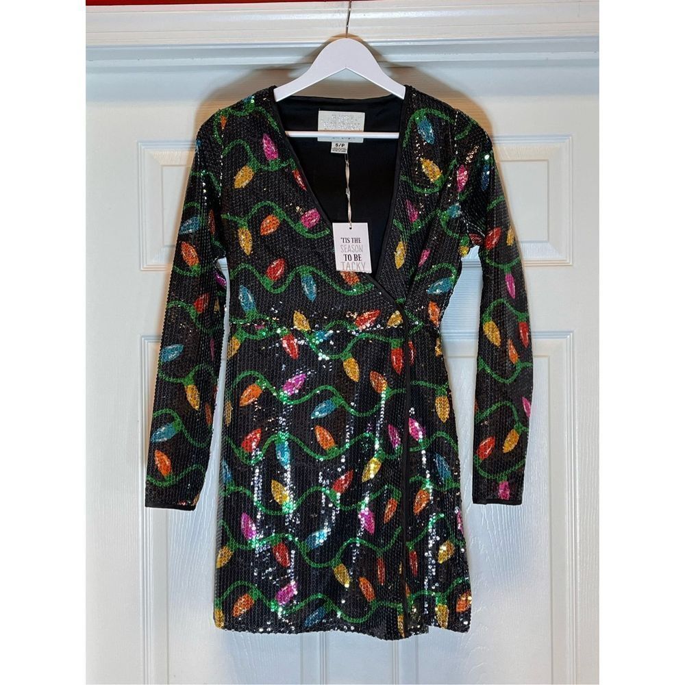 Urban Heritage Black Sequin Christmas Lights Wrap Dress sz S NWT